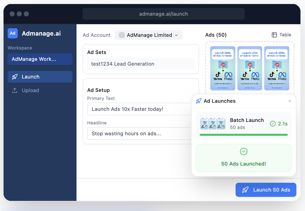 The AdManage launcher building a batch of Meta ads with post-ID, catalog and carousel formats